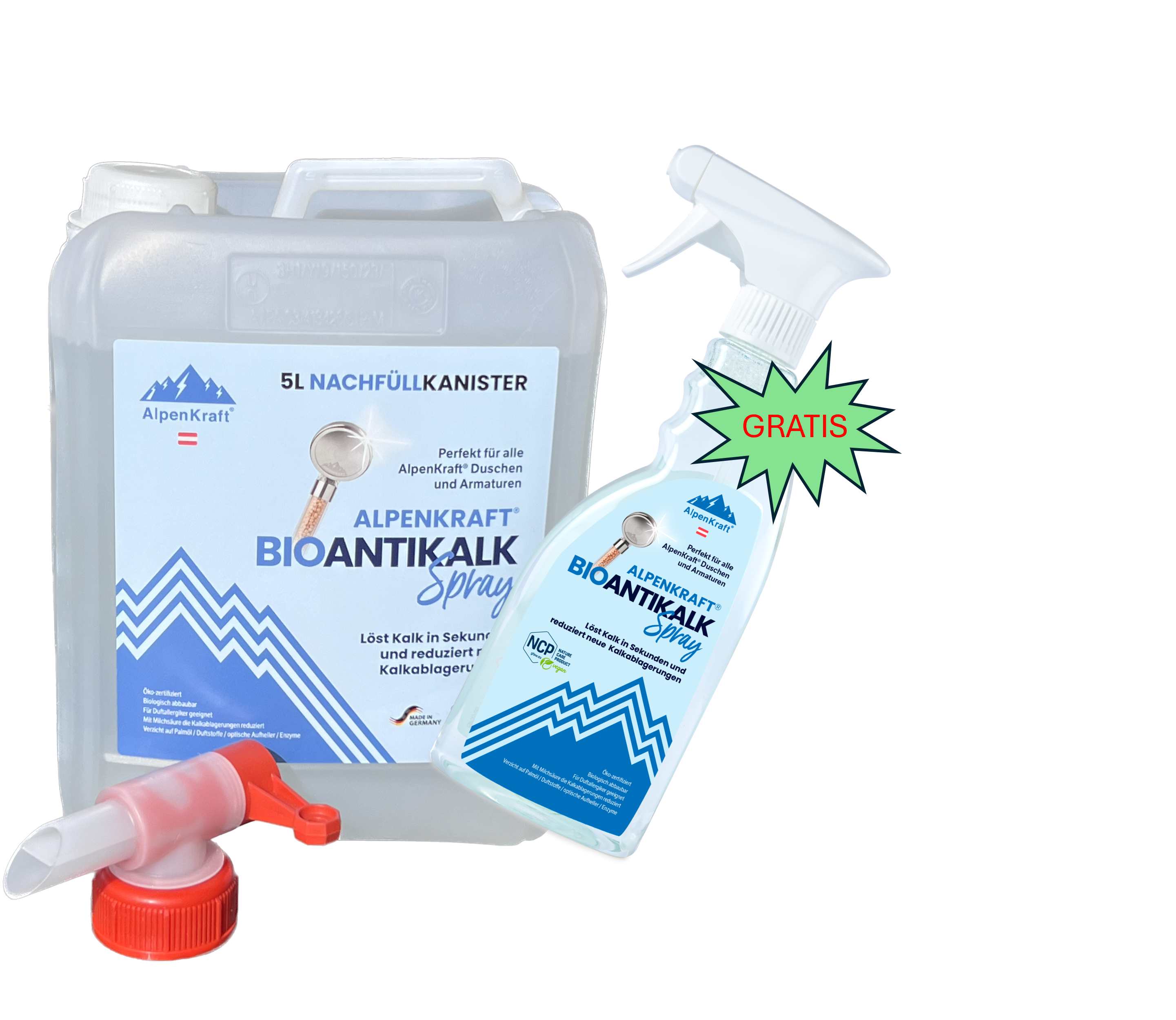 AlpenKraft® BIO Antikalk Spray 5L Nachfüllkanister PLUS 1x 500ml GRATIS