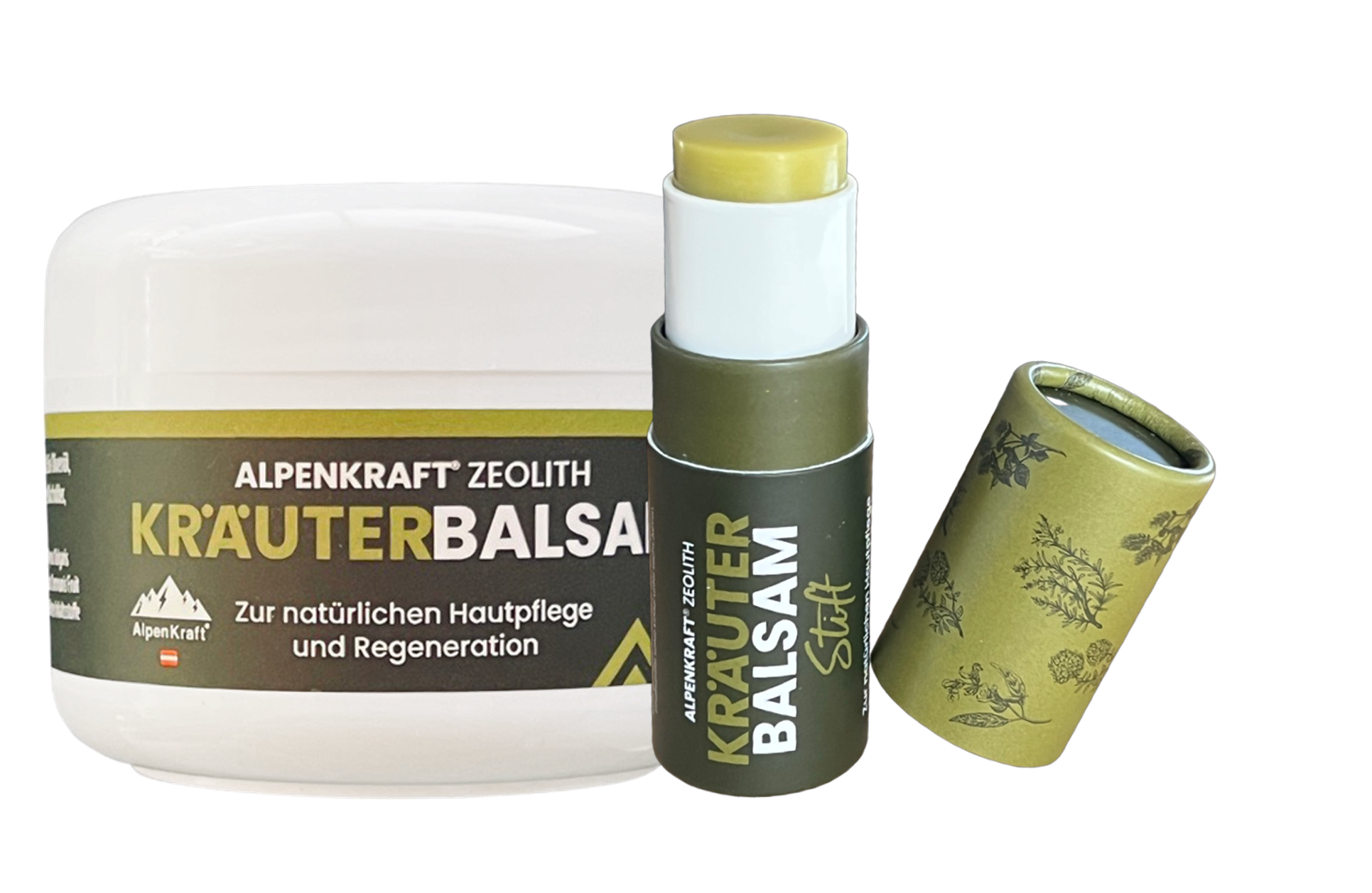 Baume aux herbes de zéolite paquet boîte et stylo